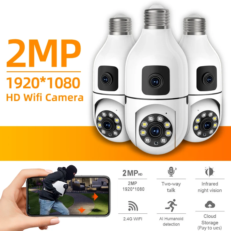 1080p Dual Lens Wifi Camera Security With E27 Connector Full Color Night Two Way Talk Cctv Camera Security