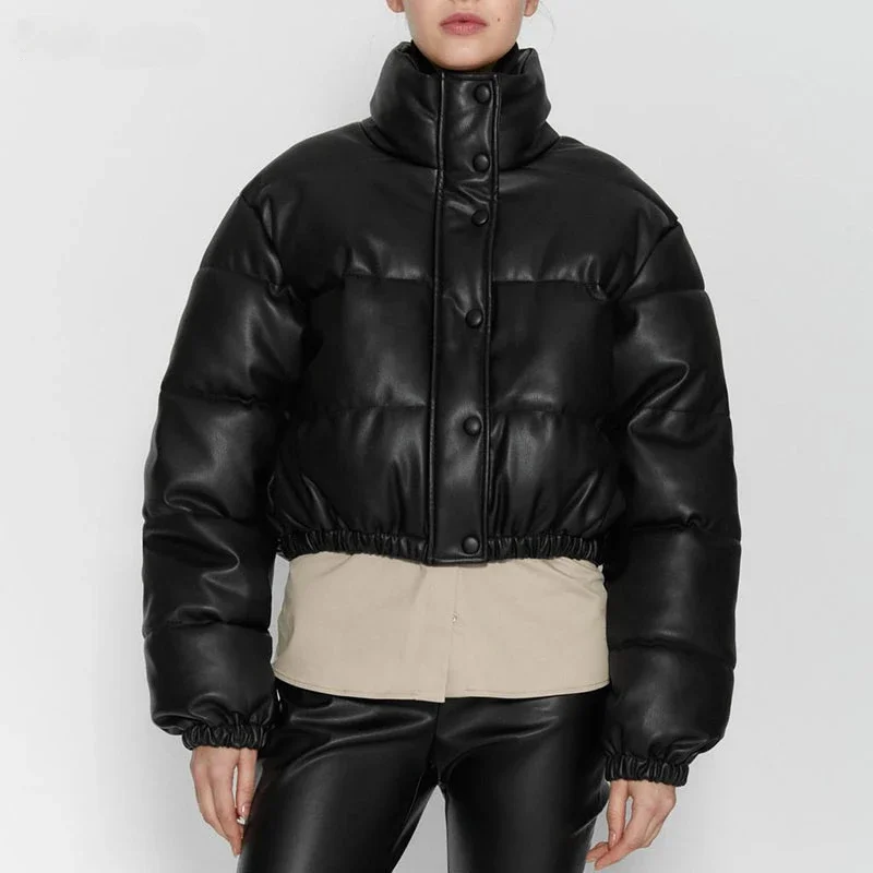 Soft PU Leather Women's Parkas Stand Collar Quilted Coats 2025 New Thickened Warm Oversize Faux Leather Puffer Jacket Winter