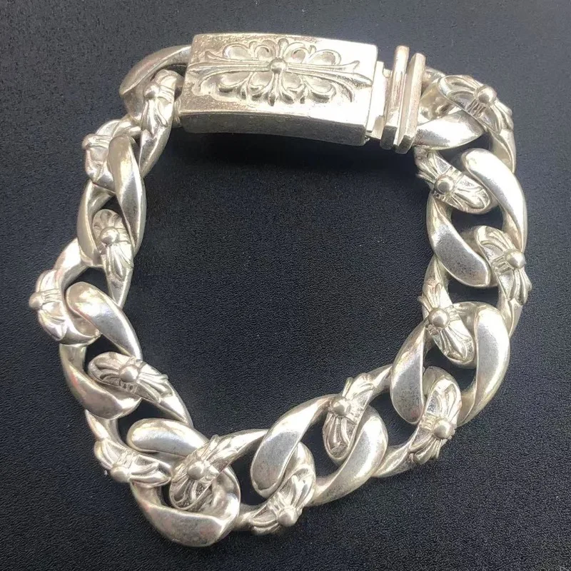 

Trendy Hexagram Scout Flower Dog Tag Cuban Link Inlay Bracelet, Retro Antique Thai Silver Fade-Proof Jewelry for Men Women