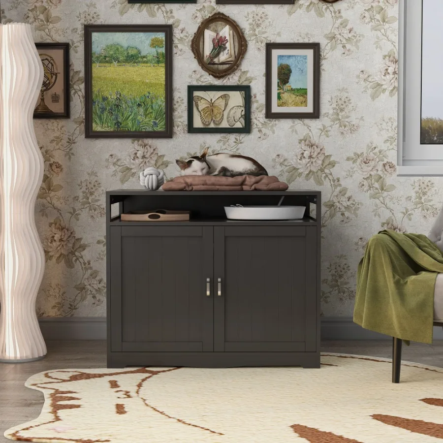 

Litter Box Enclosure Cat Litter Box Furniture with Hidden Plug 2 Doors Indoor Cat Washroom Storage Bench Side Table Cat House L