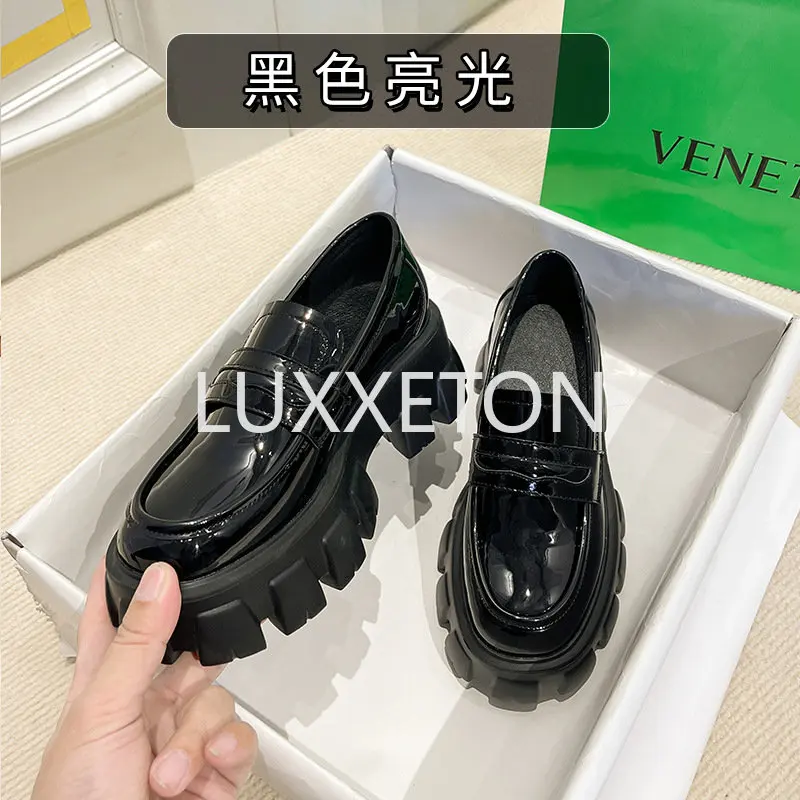 2023 Spring and Autumn British Style Elevated Matsutake Thick Sole Round Toe Platform Shoes Slippers Fashion Small Leather Shoes