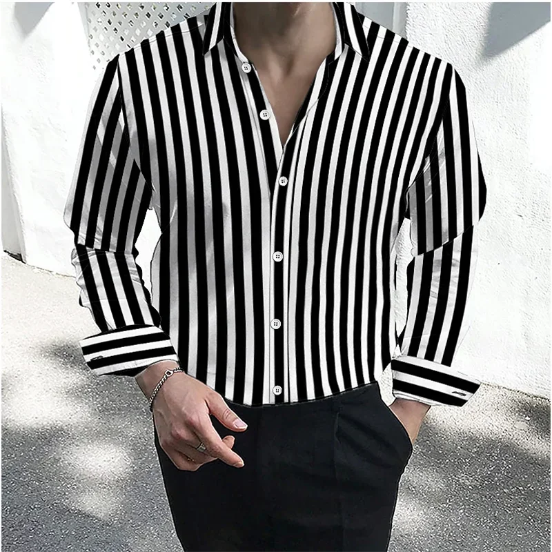 

Men's formal shirt button lapel shirt black and white red long sleeve striped collar wedding work clothing large size 6XL