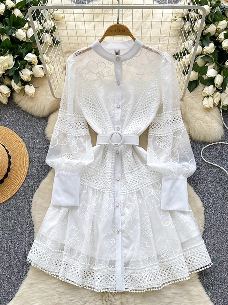 春秋フレンチレトロパーティー長袖ミニドレス女性の刺繍レースシングルブレストウエスト誕生日ドレス S125