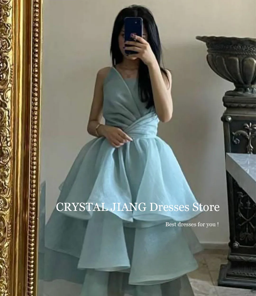 

Elegant Short Blue Scalloped Organza Evening Dresses With Ruffles A-Line Pleated Tea Length فساتين للحفلات الراقصة