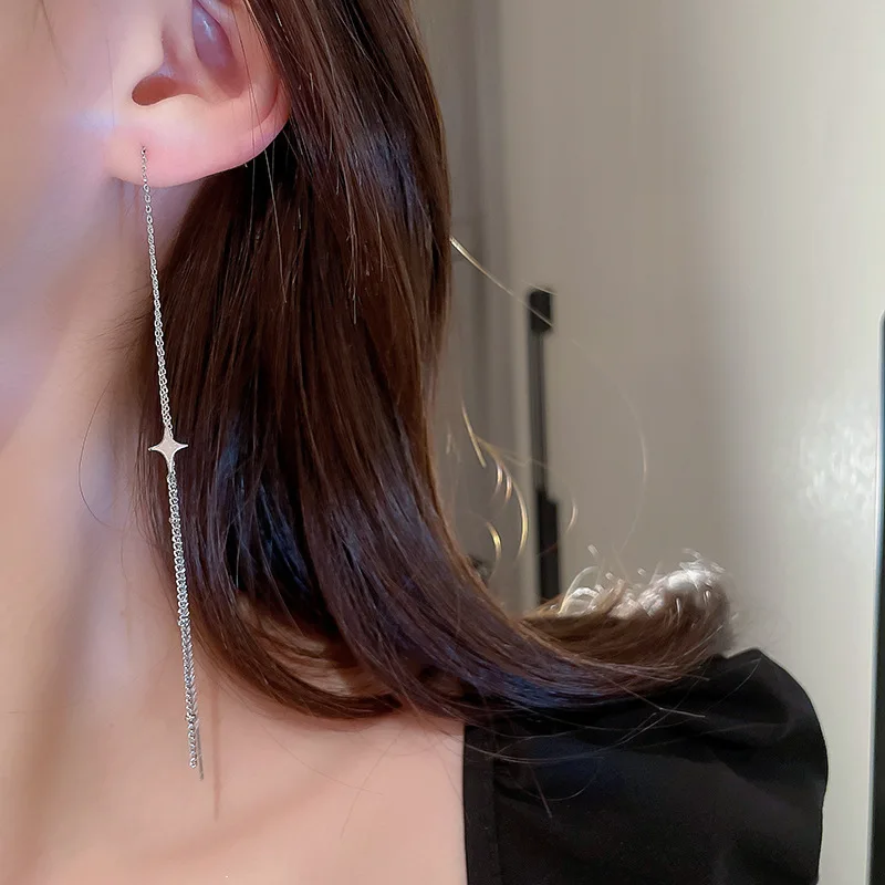 Fashion, four-pointed star long fringed earline earrings, simple temperament high-end niche earrings for women