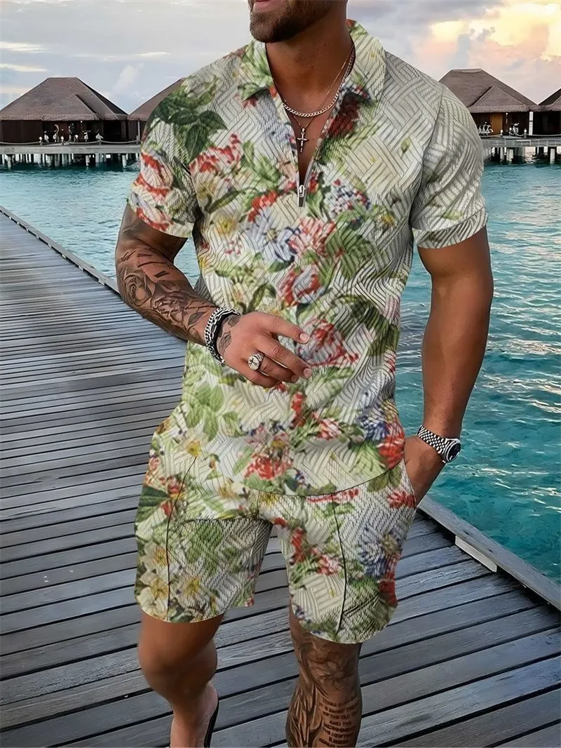 2024 New Men\'s summer Tracksuit 2 Piece Set Floral Print 3D Polo Shirt Short Sleeve T Shirt and Shorts Casual Man Clothing