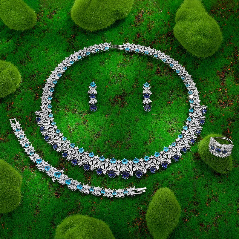 Copper electroplated gold colored zircon necklace set, high-end evening bridal jewelry set wholesale