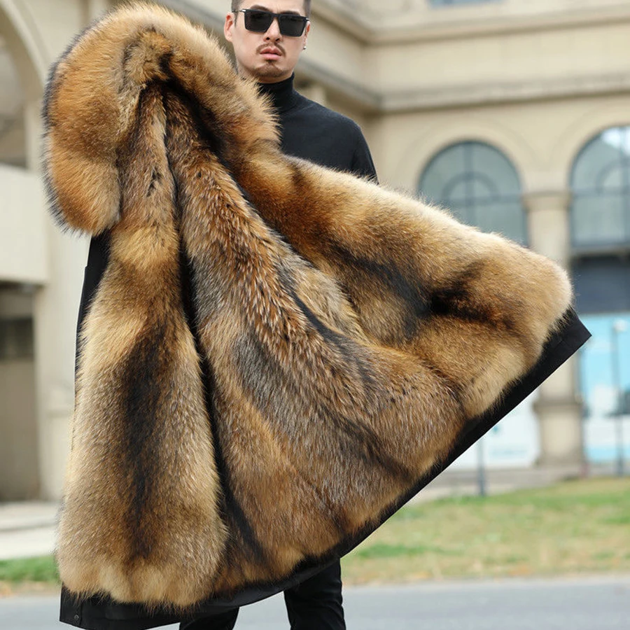 Parka de pele masculina casaco de inverno 100% jaqueta de pele de guaxinim natural novo quente com capuz