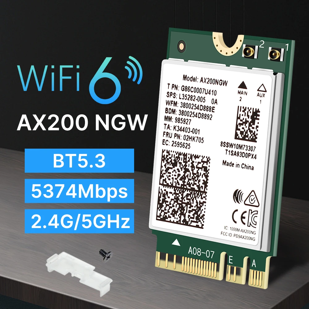 

AX200 WiFi 6 Bluetooth 5.3 Wireless Card 802.11AX 2974Mbps Dual Band 2.4GHz/5GHz NGFF M.2 Interface for Laptop PC Desktop