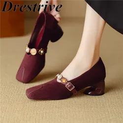 Drestrive 2024 Fashion Women's Pums Sheep Suede Square Toe Thick Mid Heels Mary Janes Buckle Bead Shoes Autumn High Quality