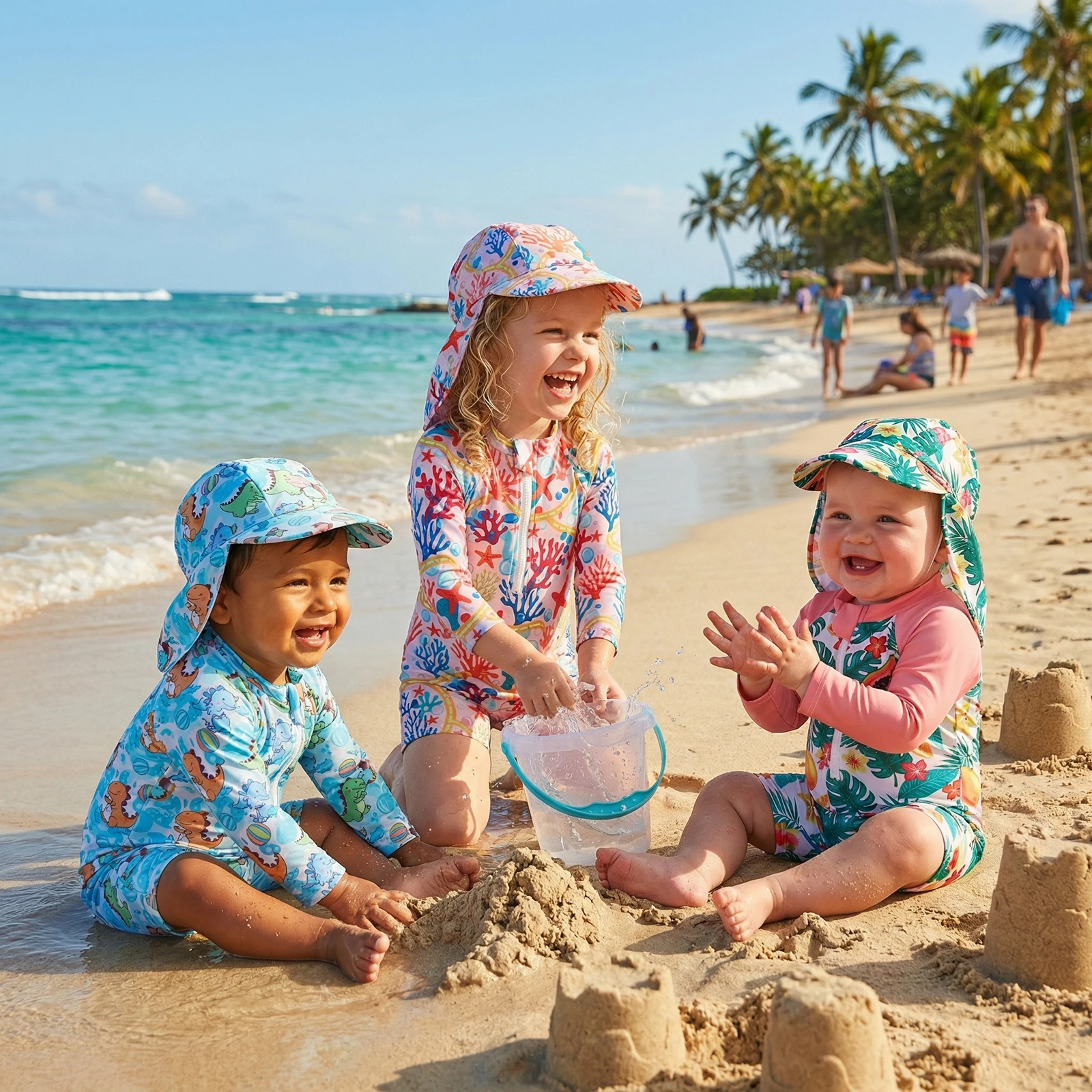 Summer Kids Toddler Girls Boys Rash Guard Swimsuit Playsuits Print Bathing Suit Sun Hat Clothes