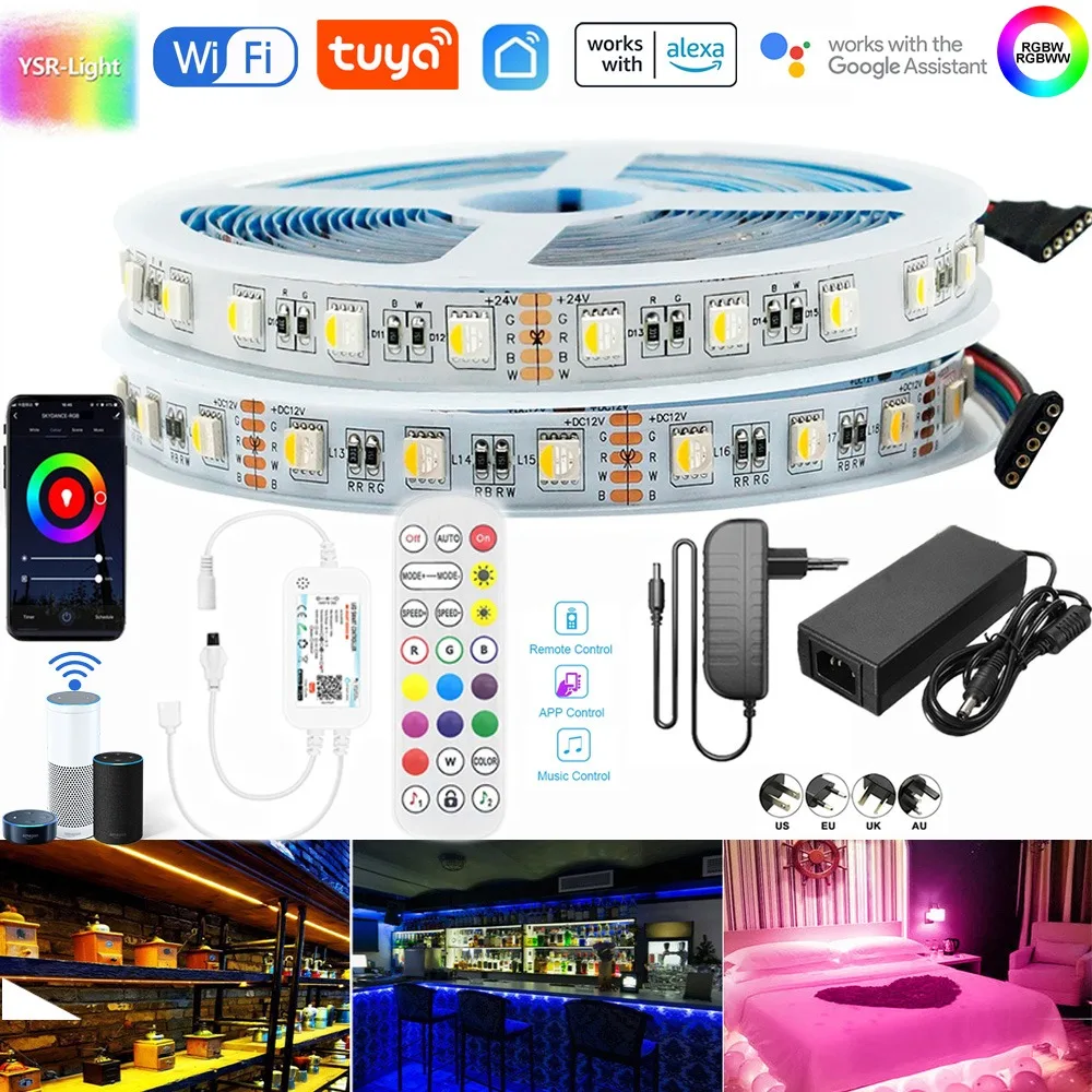 

4In1 Tuya Wifi LED Flexible Strip Light +24-Key Remote Control RGBW RGBWW DC12V 24V 5050 Music Room Decor for Alexa Google Home