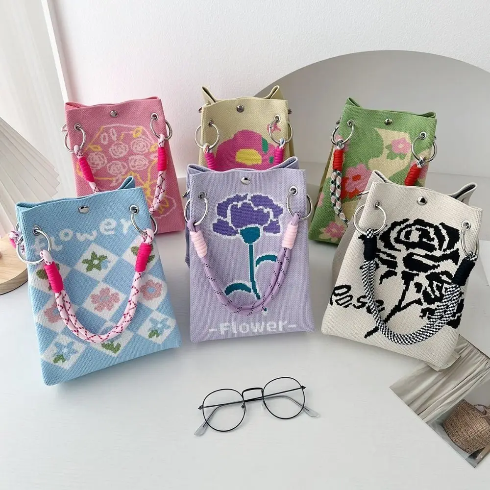 Cute Cartoon Knitted Bucket Bag Handmade Large Capacity Wrist Bag Woven Ring Buckle Handbag for Women Girls