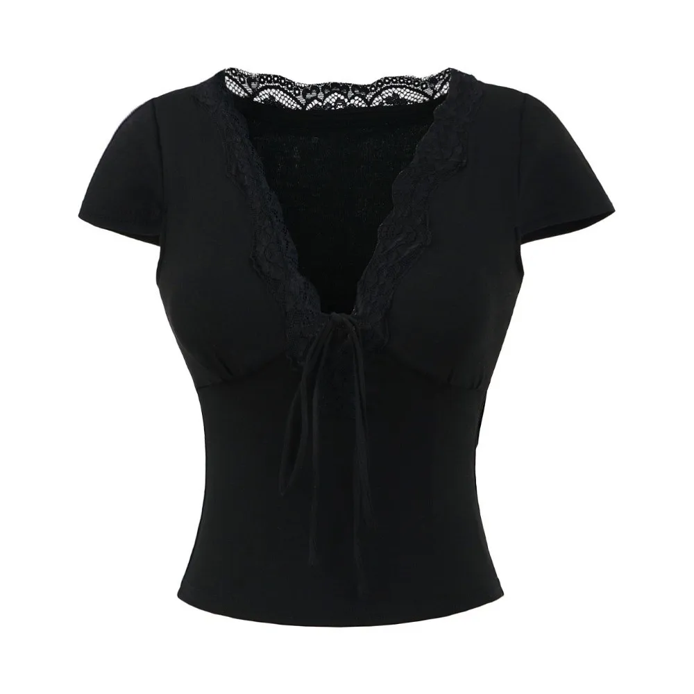 Schickes V-Ausschnitt Slim Crop Top mit kurzen Ärmeln, Spitzenunterteil, süßes elastisches Camisole, Spicy Girl – Detail 5