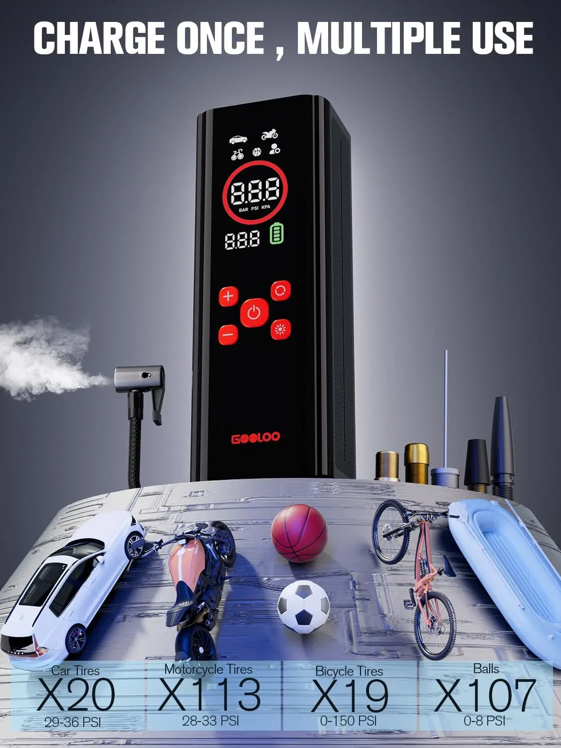 Portable Tire Inflator with Color LED Screen, 4X Faster Air Pump, Auto Shut-off for Car Bike Ball