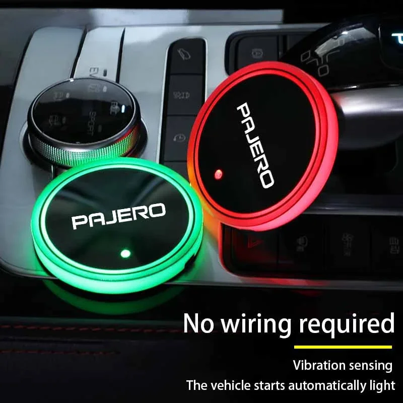 Car LED Luminous Water Cup Holder Mat Colorful Ambience Light USB Charging Non-slip coaster For Mitsubishi PAJERO Logo