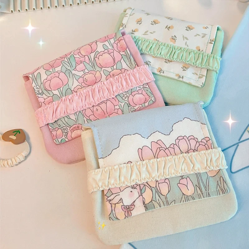 Women Portable Sanitary Napkin Tampon Storage Bag Cotton Travel Makeup Storage Bag Literary Cute Coin Purse Sundries Storage