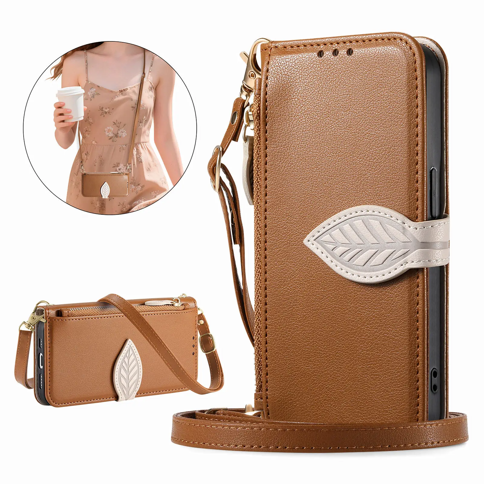 

Кожаный флип-чехол для телефона Leaf Crossbody Cards Solt Wallet для Xiaomi 17 Pro Max 15 Ultra 15T 14T с длинным ремешком и откидной крышкой для книги