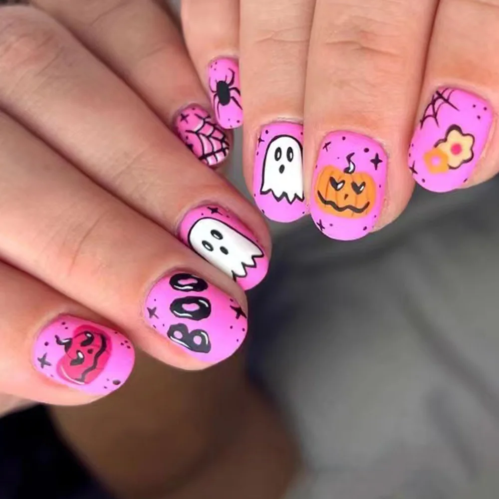 24pcs Short Cute Press on Nails Halloween Nails Art Wearable DIY Fake Nail Patches Pumpkin Ghost  Spider Purple False Nails Tips