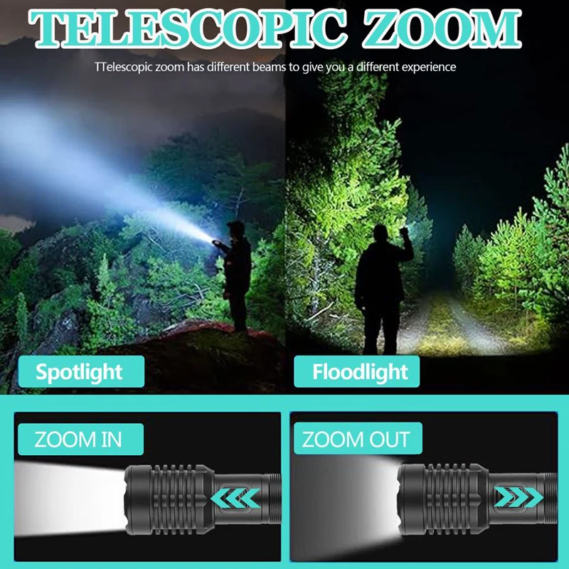 Powerful P50 LED Flashlight Aluminum Alloy Type-C USB Rechargeable Flashlights Telescopic Zoom Torch for Outdoor Activities