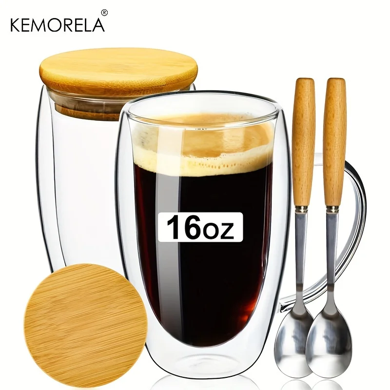 2PCS Transparent Double Layer Glass Cup With Wooden Cover Spoon Household Coffee Mug 350/450ML Coffee Cappuccino Espresso Cup