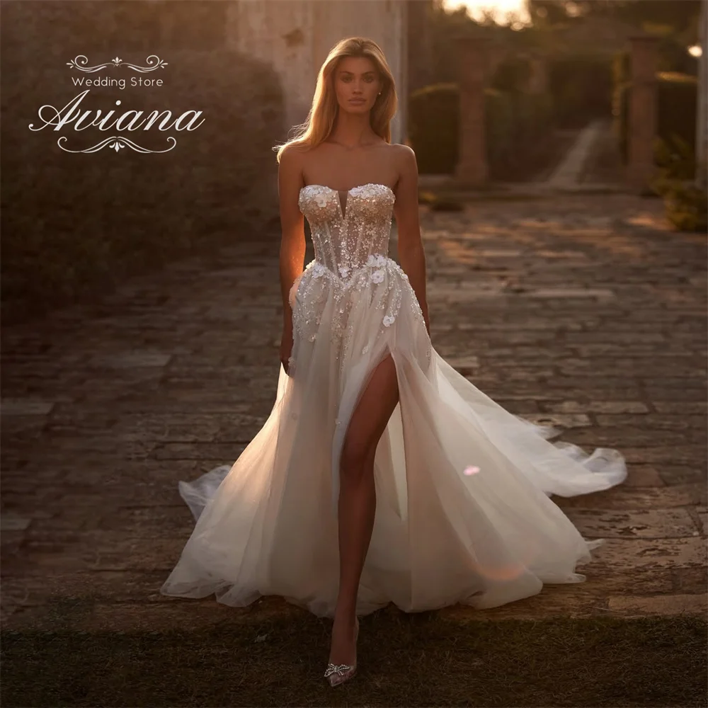 

Aviana индивидуальный корсет в форме сердца с аппликацией и блестками, цветочное свадебное платье трапециевидной формы с скользящим шлейфом и высоким разрезом по бокам, без рукавов, 2025 г.