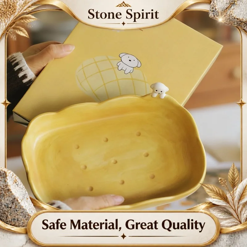 Cream Aesthetic Yellow Rectangular Plate, Scalloped Edge Dessert Dish for Cake Fruit Salad, Cartoon Pineapple Design for Home