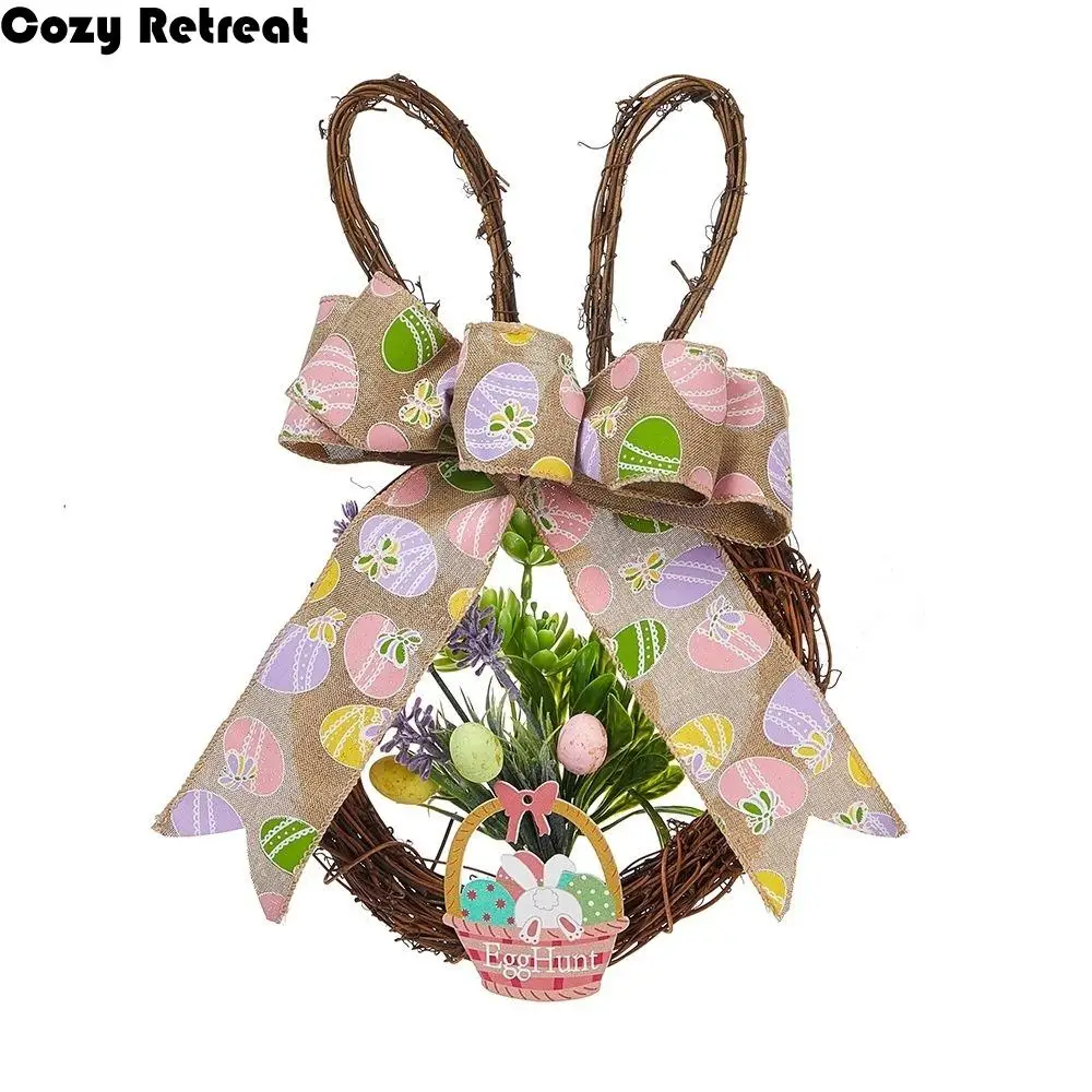 

Cartoon Handwoven Easter Hanging Wreath Hangable Decorative Easter Egg Door Pendant Cute Artificial Flower Garland Wedding Party