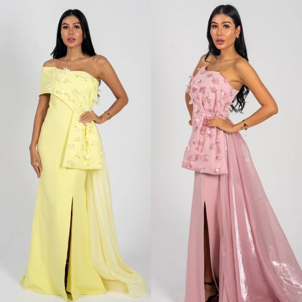 

Customized Intricate Fashion Jersey Handmade Flower Rhinestone Pleat Straight One-shoulder Long Dresses Bespoke Occasion Dresses