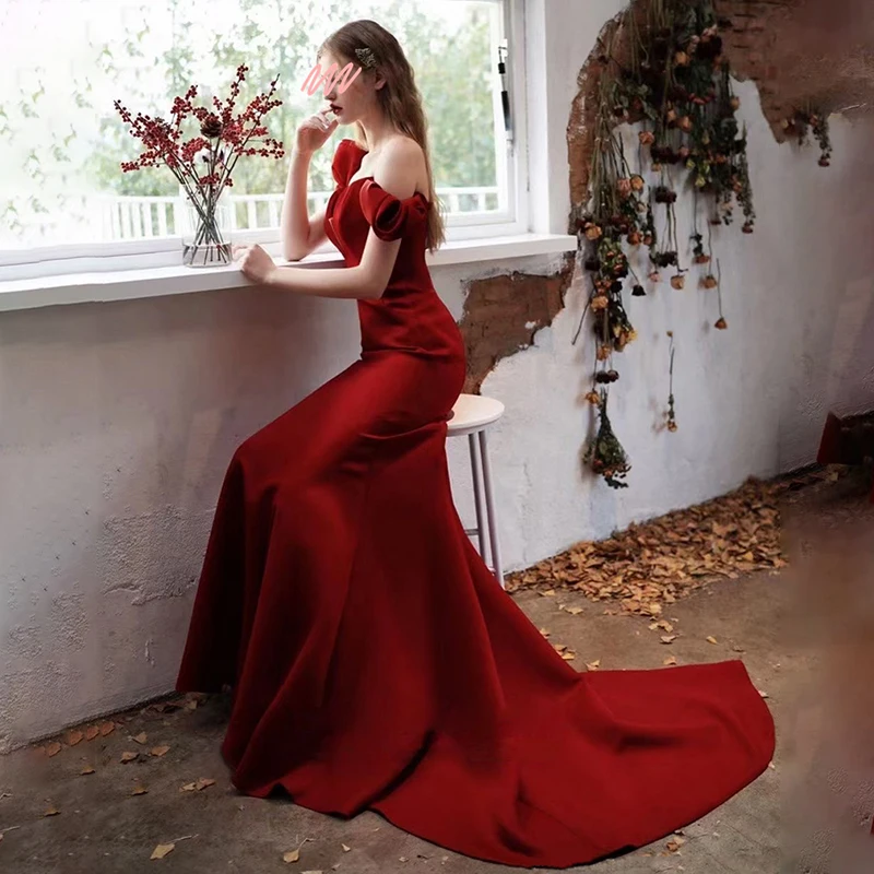 Wine Red Mermaid Wedding Dresses Deep V-neck Puff Sleeve Small Train Vestidos De Novia Simple Elegant Vintage Evening Dress