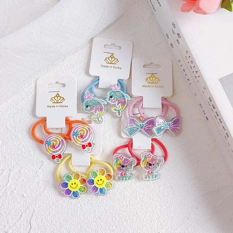 2PCS Rainbow Gradient Sequins Princess Cute Headwear Kids Elastic Hair Bands Children Hair Ties Girls Accessories Baby Headdress