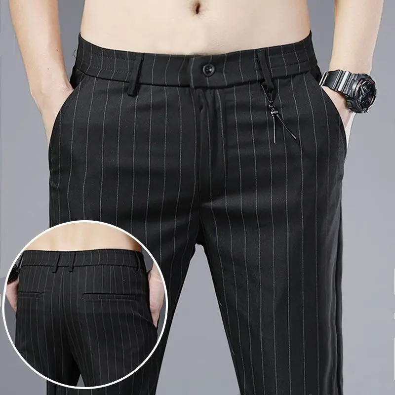 Summer Thin 2026 Men's Korean Trend Ice Silk Plaid Casual Pants Men's Small Suit Long Pants Clothes for Man Original Luxury