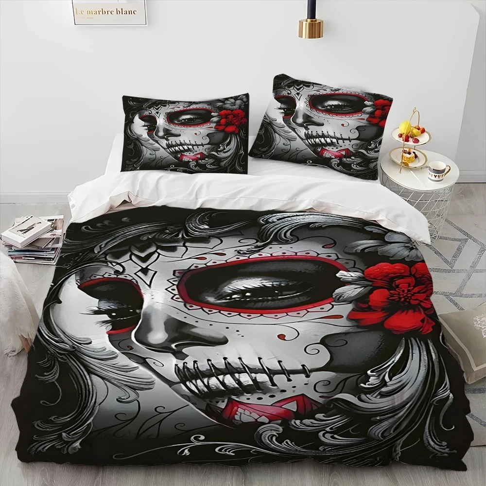 3D Horror Gothic Female Skull Dead Girl Comforter Bedding Set,Duvet Cover Bed Set Quilt Cover Pillowcase,Queen Size Bedding Set