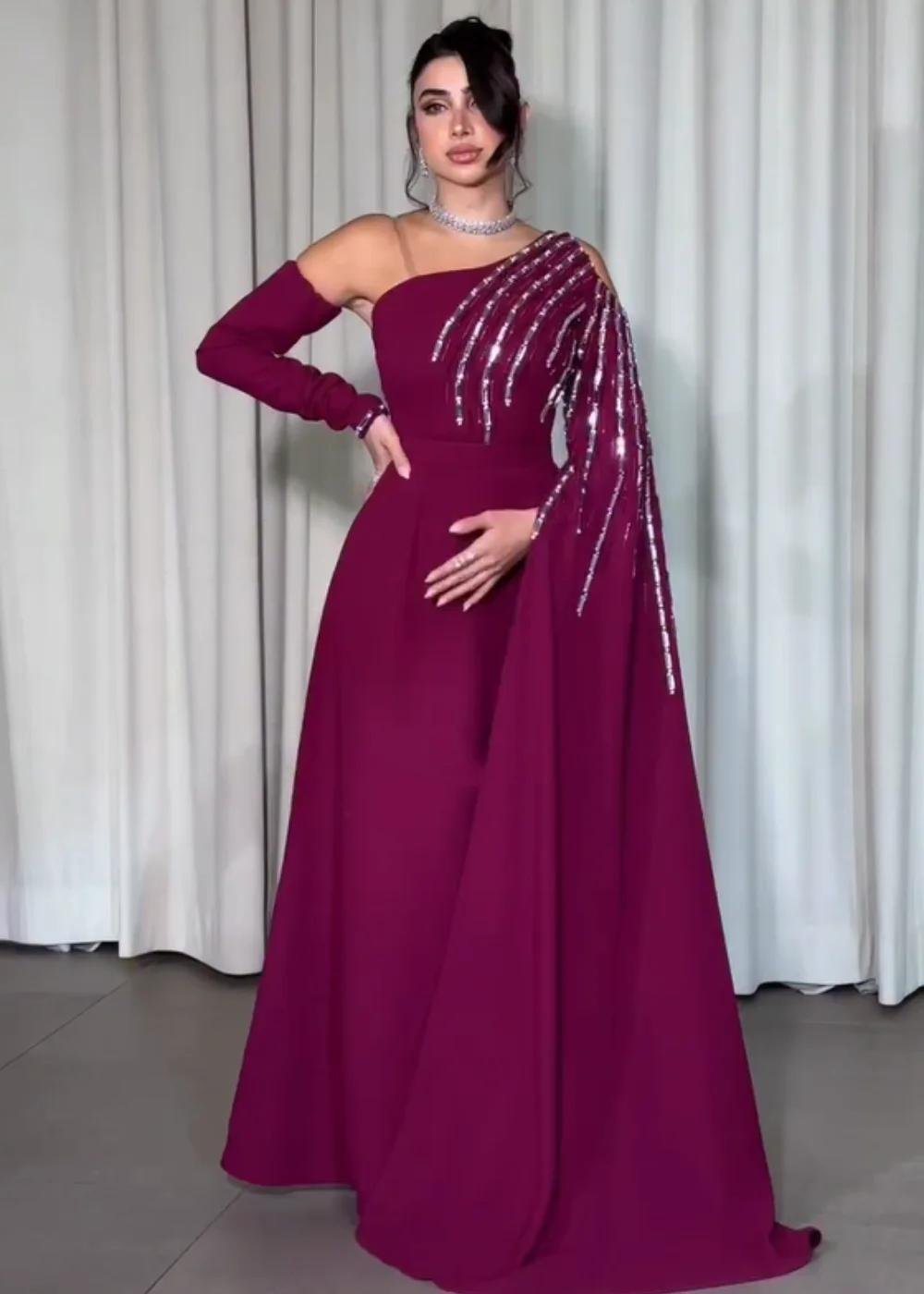 

Customized Simple Jersey Sequined A-line One-shoulder Long Dresses Bespoke Occasion Celebrity Elegant High Quality