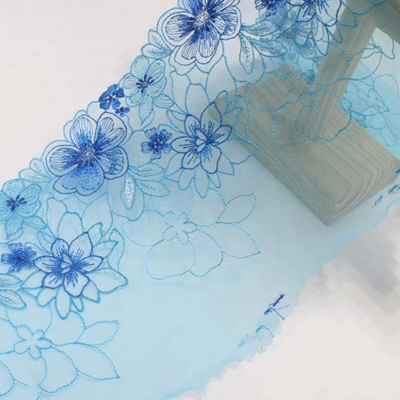 2meters Blue Embroidered Lace Trim Flower Embroidery Lace For Skirt\'s Hemline 18.5cm Wide