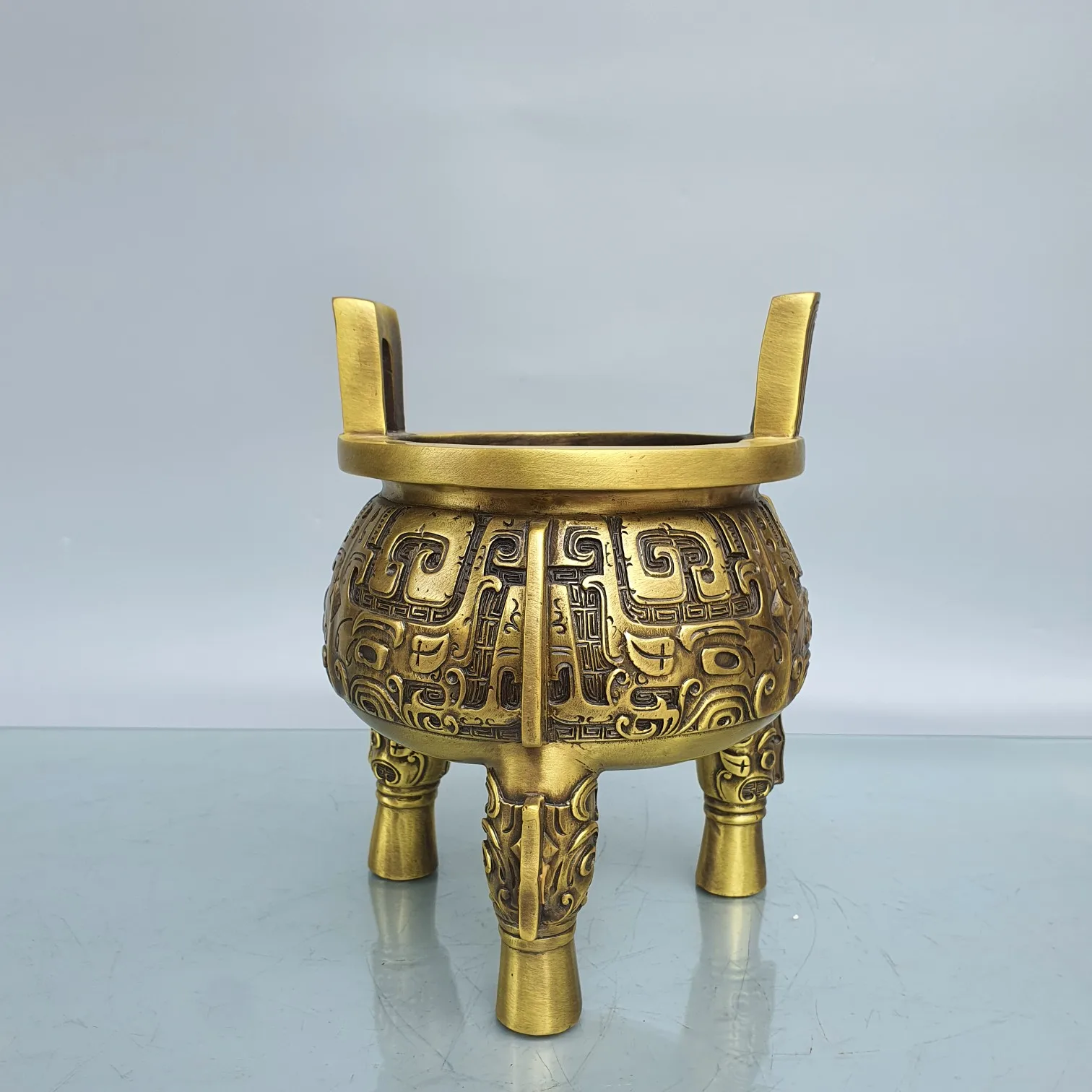 

9"Tibet Temple Collection Brass Animal pattern binaural three-legged Furnace Ding incense burner Gather fortune ornament