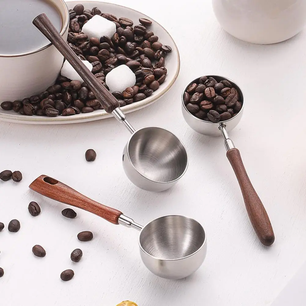 Measuring Spoon with Wood Handle, Stainless Steel Baking Scoop, Coffee Bean Milk Powder Teaspoon for Sugar Spice, Kitchen Gadget