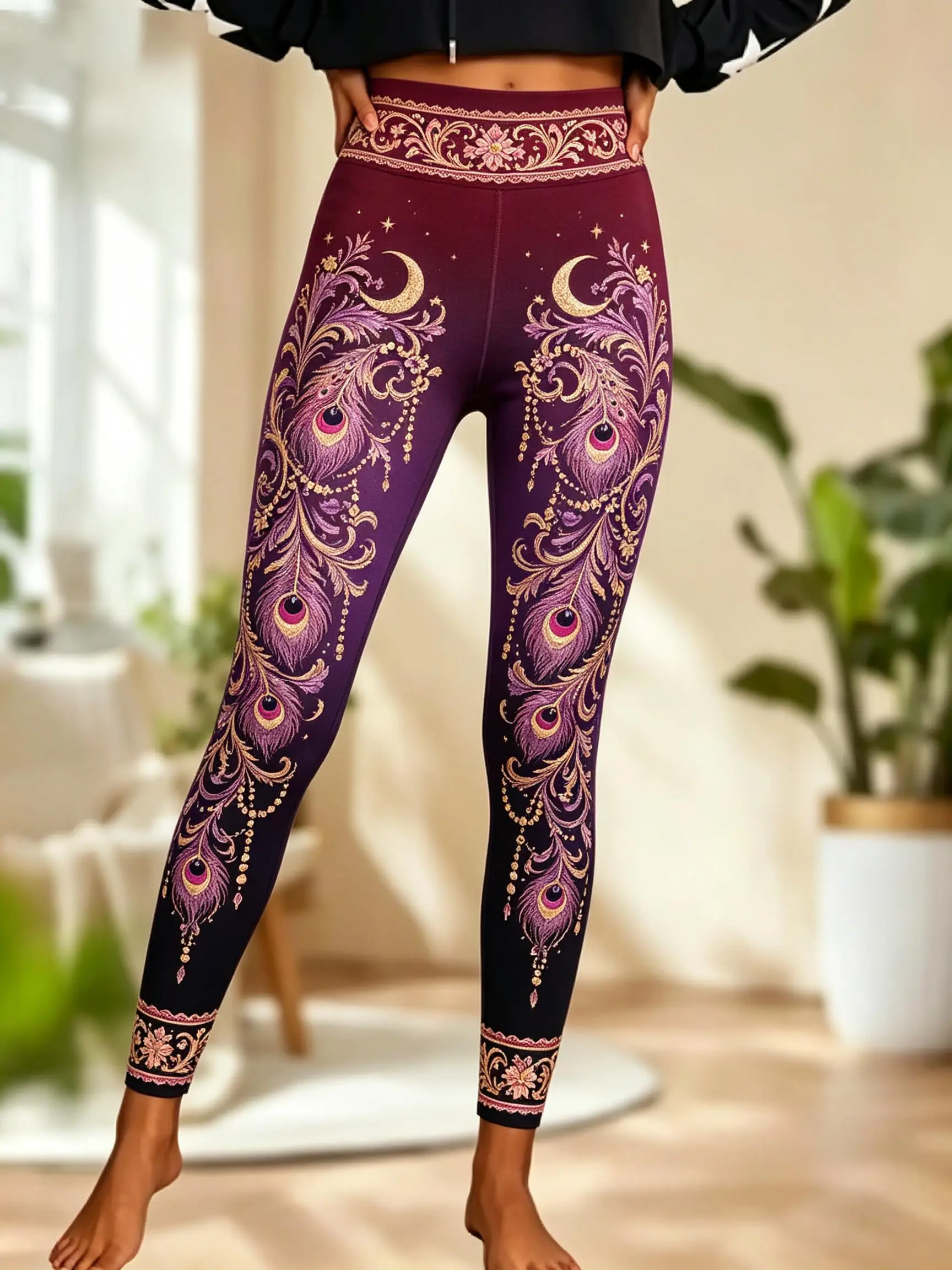 Women Fleece‑lined Mid‑rise Leggings Ombre Gradient Peacock Feather Crescent Moon Floral Ornate Border Print Slim Stretch  Pants