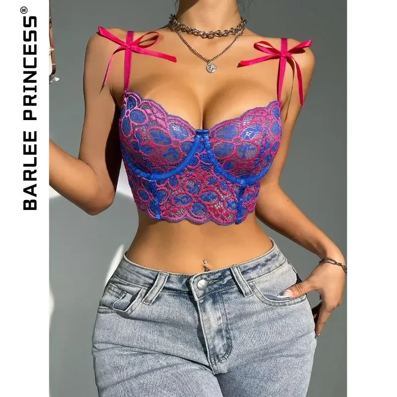 Floral Corselets Color Blocking Underwear Women's Bustier Bra Cropped Top Lace Hollow Sexy Lingerie Bownot Bralette Vest Corset