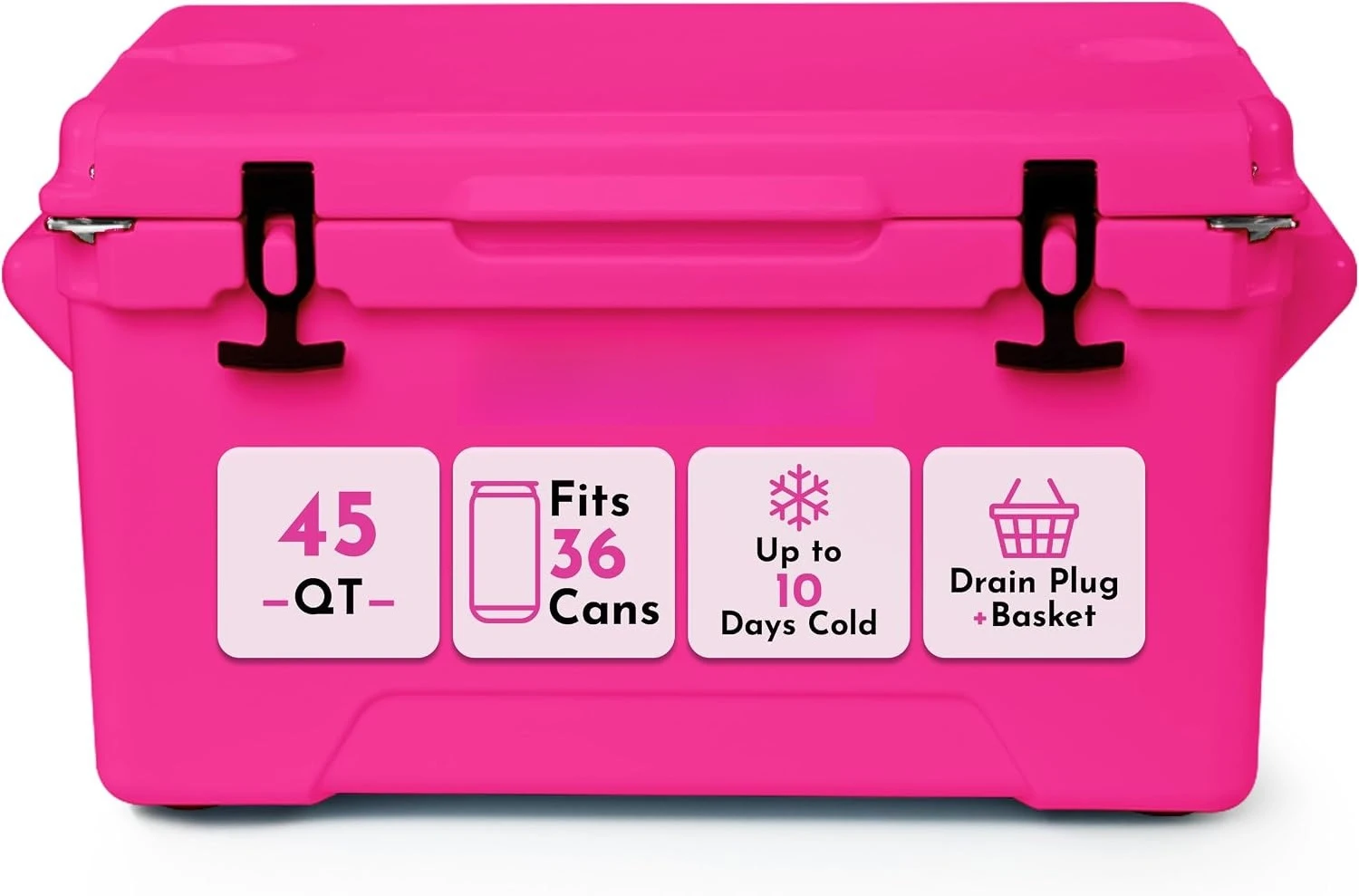 45 Quart Rotomolded Hard Ice Chest Cooler, Insulated Beverage Cooler Holds 36 Cans or 45 lbs Ice, Up to 10‑Day Cold Retention with Drain Plug, Storage Basket and Non‑Slip Feet for Beach, Boat, Camping, Tailgating