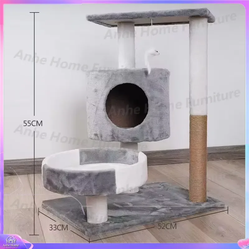 Modern Large 3-Tier Cat Tree Tower with Scratching Board Nest Hammock Claw Scratcher Solid Wood Climbing Frame for Cats
