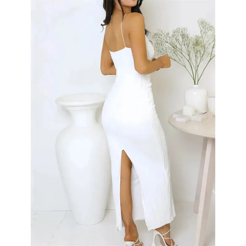Sexy Women Long Bodycon Dress Ruched Sleeveless Slim Solid Summer Party Back Split Dress Clubwear Female Sheath Dress