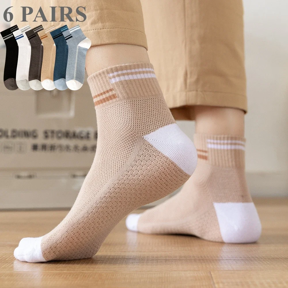 

6 Pairs Summer Mesh Socks Men Anti-slip Middle Tube Short Socks Breathable Cotton Sports Socks Running Basketball
