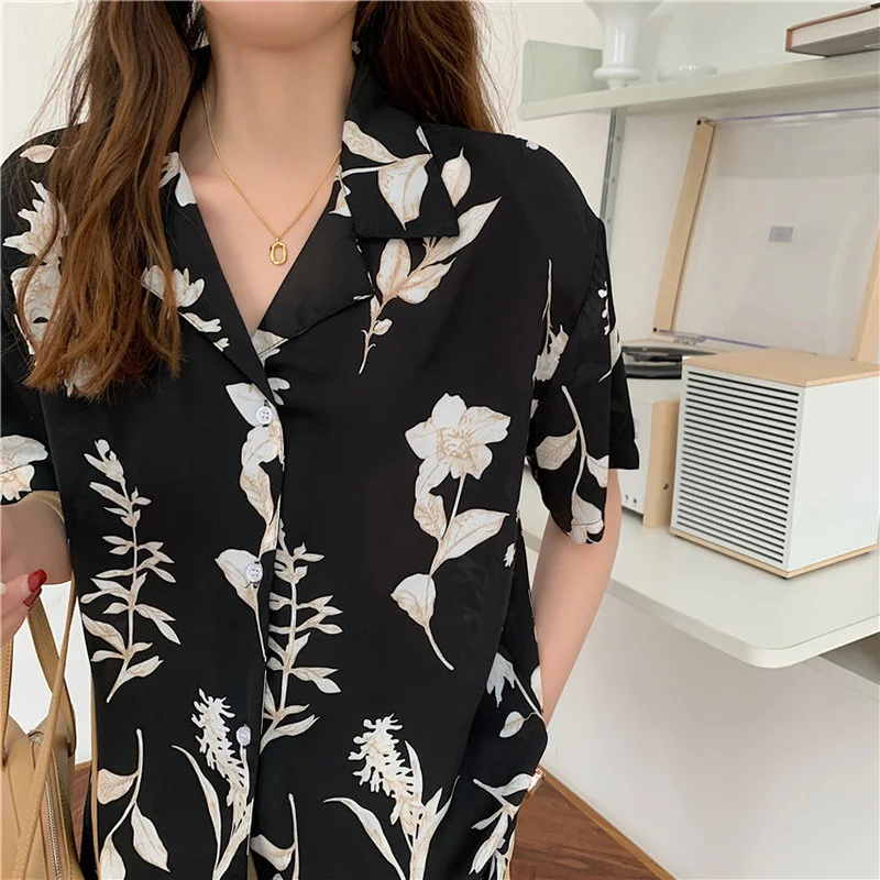 Japan Style Vintage Apricot Flower Shirts Elegant Ladies Notched Button Up Shirt Loose Summer Chiffon Blouses Korean Fashion Tee