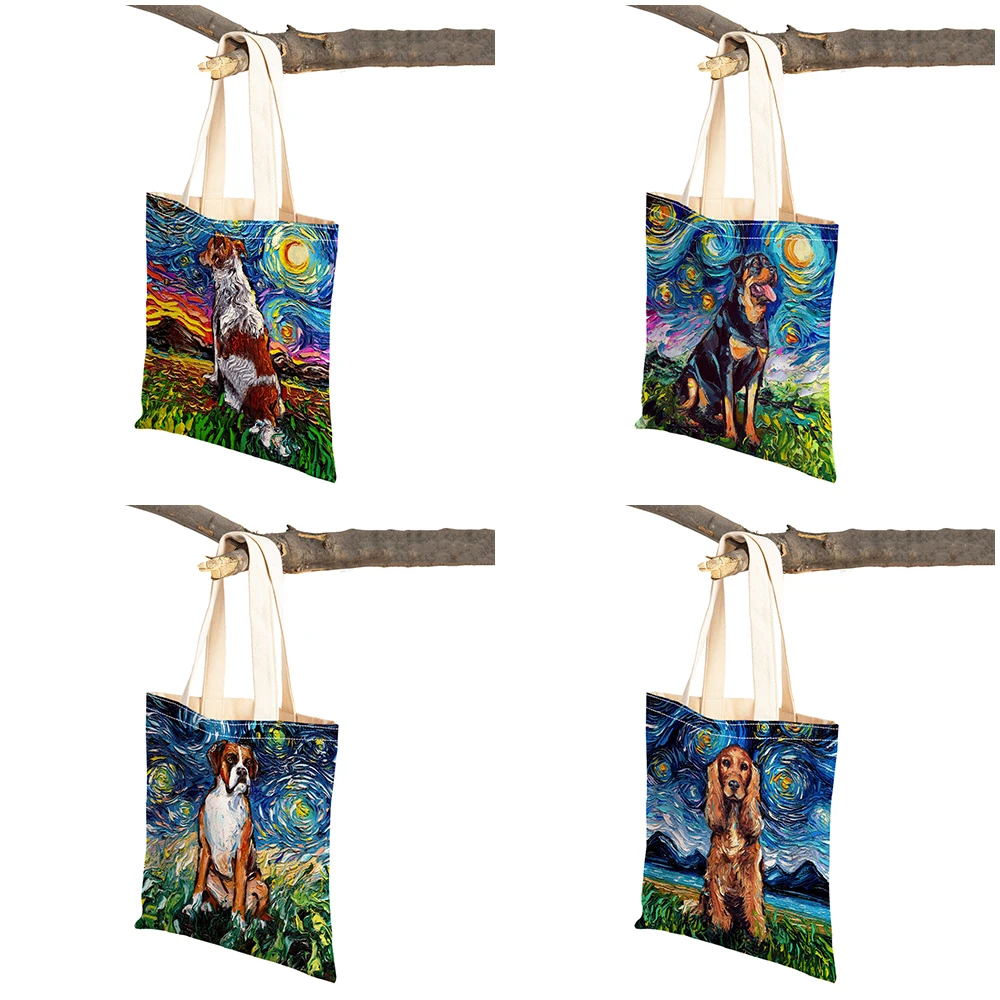 Bolsas de compras para perros y mascotas con cielo estrellado de dibujos animados, regalo para niños, bolso de compras de lona reutilizable con doble estampado para chica, bolso de mano para mujer