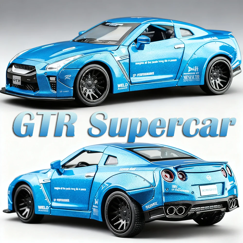 

1:32 Scale GTR GTR34 Miniature Sports Car Model Toys Alloy Diecast Supercar Sound Light Pull Back Doors Opened Collectible Item