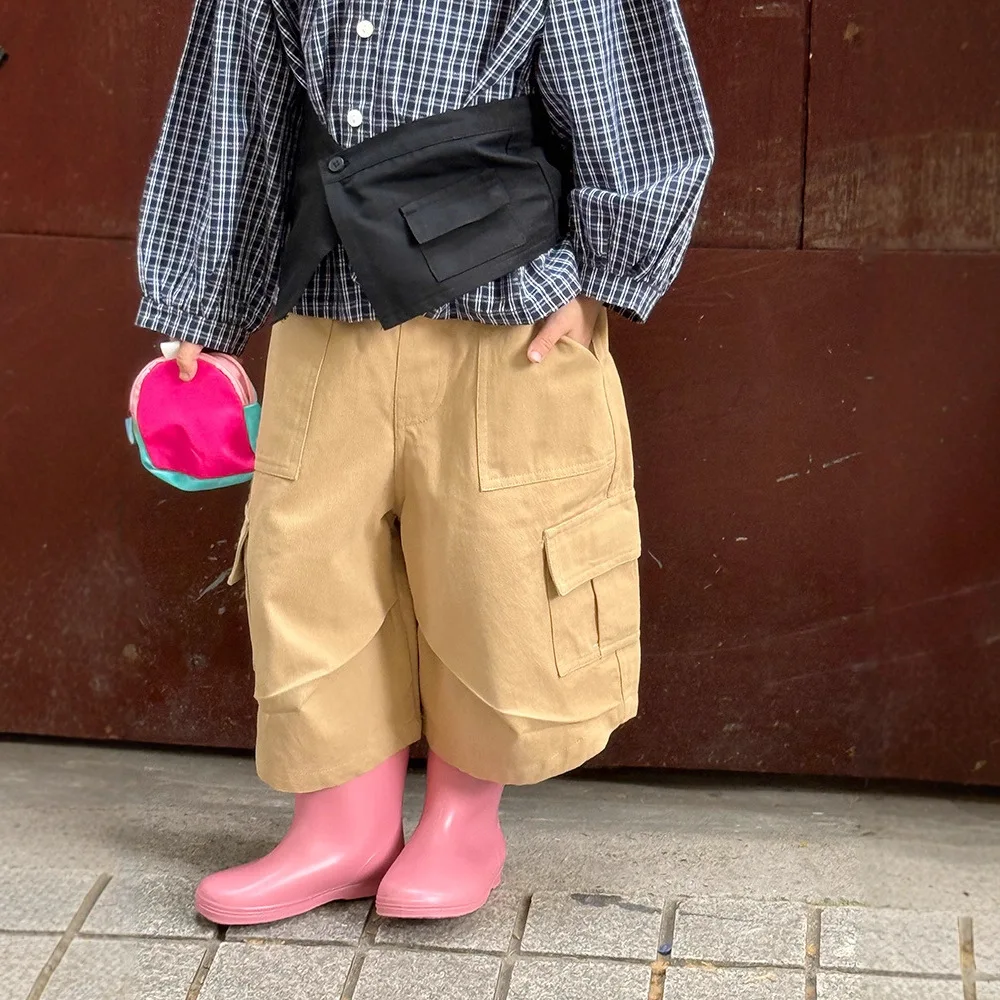 

Повседневные капри, весна-осень 2024, новые корейские модные простые и универсальные свободные рабочие брюки, детская одежда