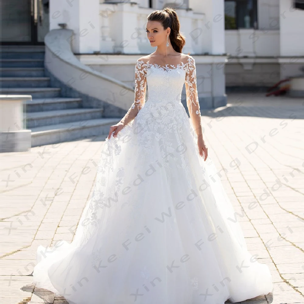 Gorgeous Women's Wedding Dresses A-Line Lace Stickers Elegant Long Sleeve Princess Prom Bridal Gowns Formal Vestidos Novias Boda