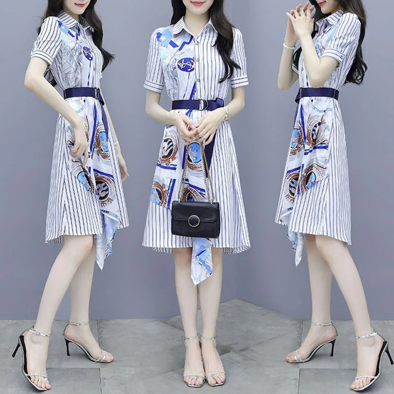 Fashion Printed Spliced Sashes Asymmetrical Striped Casual Dresses Women\'s Clothing 2024 Summer New Loose Commuter Shirt Dress