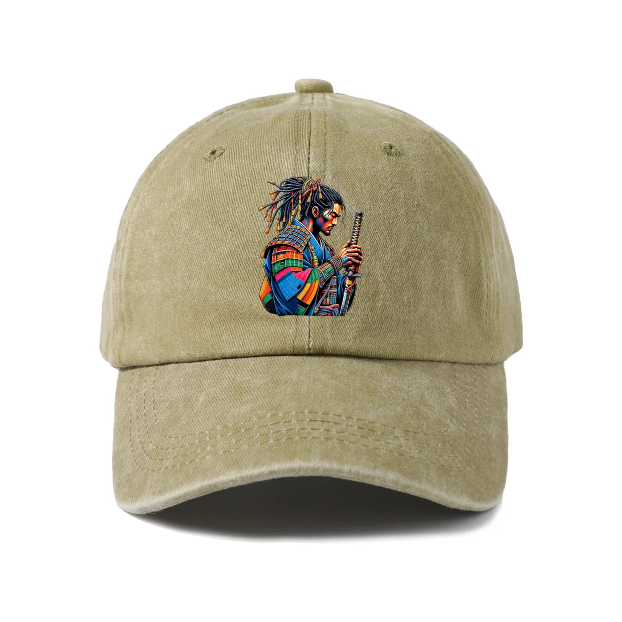 Vintage Washed Colorful Samurai Warrior Graphic Baseball Cap, Adjustable Unisex Dad Hat, Streetwear Gift